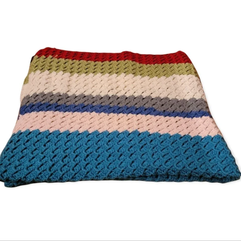 Vintage Granny Crochet Afghan Throw baby Blanket Handmade Multi Color striped